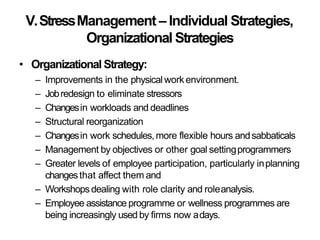 V.StressManagement – Individual Strategies,
Organizational Strategies
• Organizational Strategy:
– Improvements in the physical workenvironment.
– Jobredesign to eliminate stressors
– Changesin workloads and deadlines
– Structural reorganization
– Changesin work schedules,more flexible hours andsabbaticals
– Management by objectives or other goal settingprogrammers
– Greater levels of employee participation, particularly inplanning
changesthat affect them and
– Workshops dealing with role clarity and roleanalysis.
– Employee assistance programme or wellness programmes are
being increasingly used by firms now adays.
 
