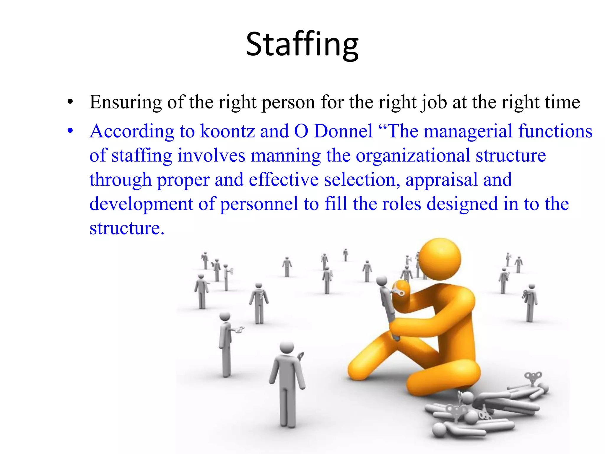 Staffing 
• Ensuring of the right person for the right job at the right time 
• According to koontz and O Donnel “The managerial functions 
of staffing involves manning the organizational structure 
through proper and effective selection, appraisal and 
development of personnel to fill the roles designed in to the 
structure. 
 