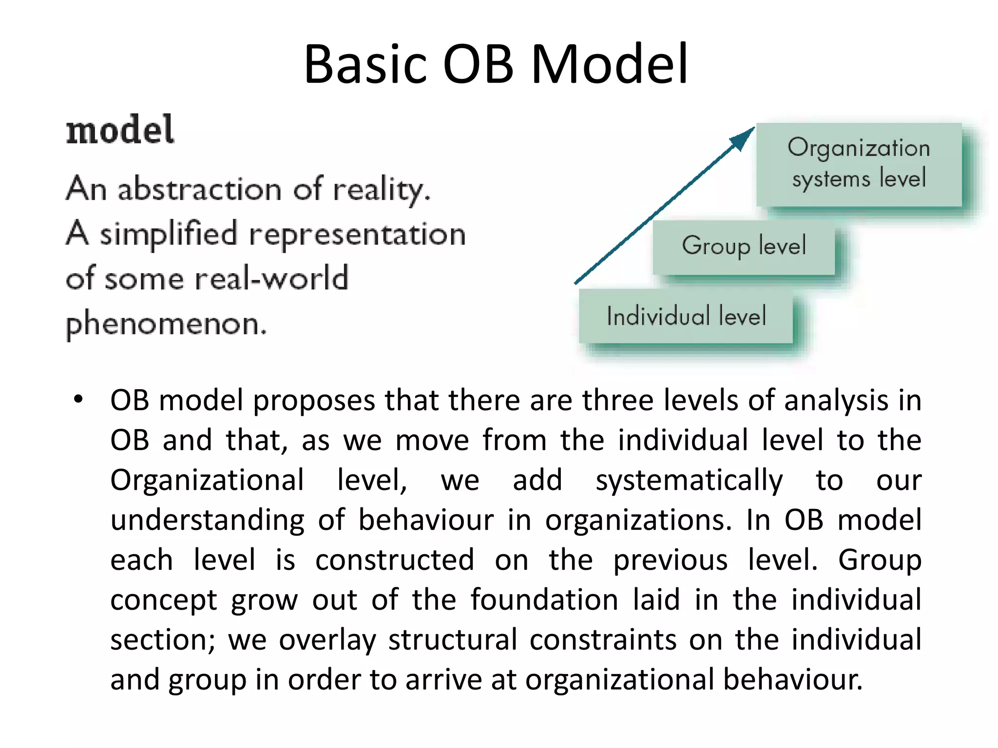 Basic OB Model 
• OB model proposes that there are three levels of analysis in 
OB and that, as we move from the individual level to the 
Organizational level, we add systematically to our 
understanding of behaviour in organizations. In OB model 
each level is constructed on the previous level. Group 
concept grow out of the foundation laid in the individual 
section; we overlay structural constraints on the individual 
and group in order to arrive at organizational behaviour. 
 