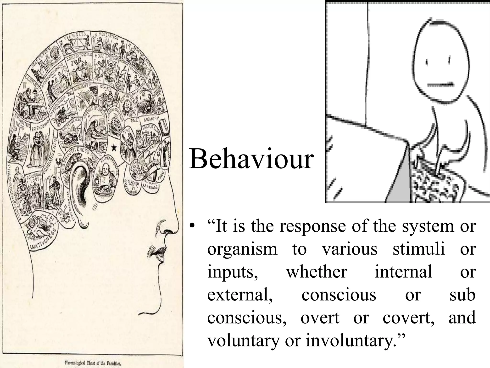 Behaviour 
• “It is the response of the system or 
organism to various stimuli or 
inputs, whether internal or 
external, conscious or sub 
conscious, overt or covert, and 
voluntary or involuntary.” 
 