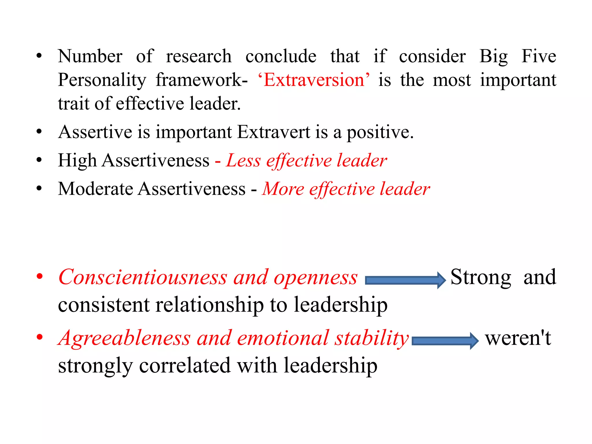 • Number of research conclude that if consider Big Five 
Personality framework- ‘Extraversion’ is the most important 
trait of effective leader. 
• Assertive is important Extravert is a positive. 
• High Assertiveness - Less effective leader 
• Moderate Assertiveness - More effective leader 
• Conscientiousness and openness Strong and 
consistent relationship to leadership 
• Agreeableness and emotional stability weren't 
strongly correlated with leadership 
 
