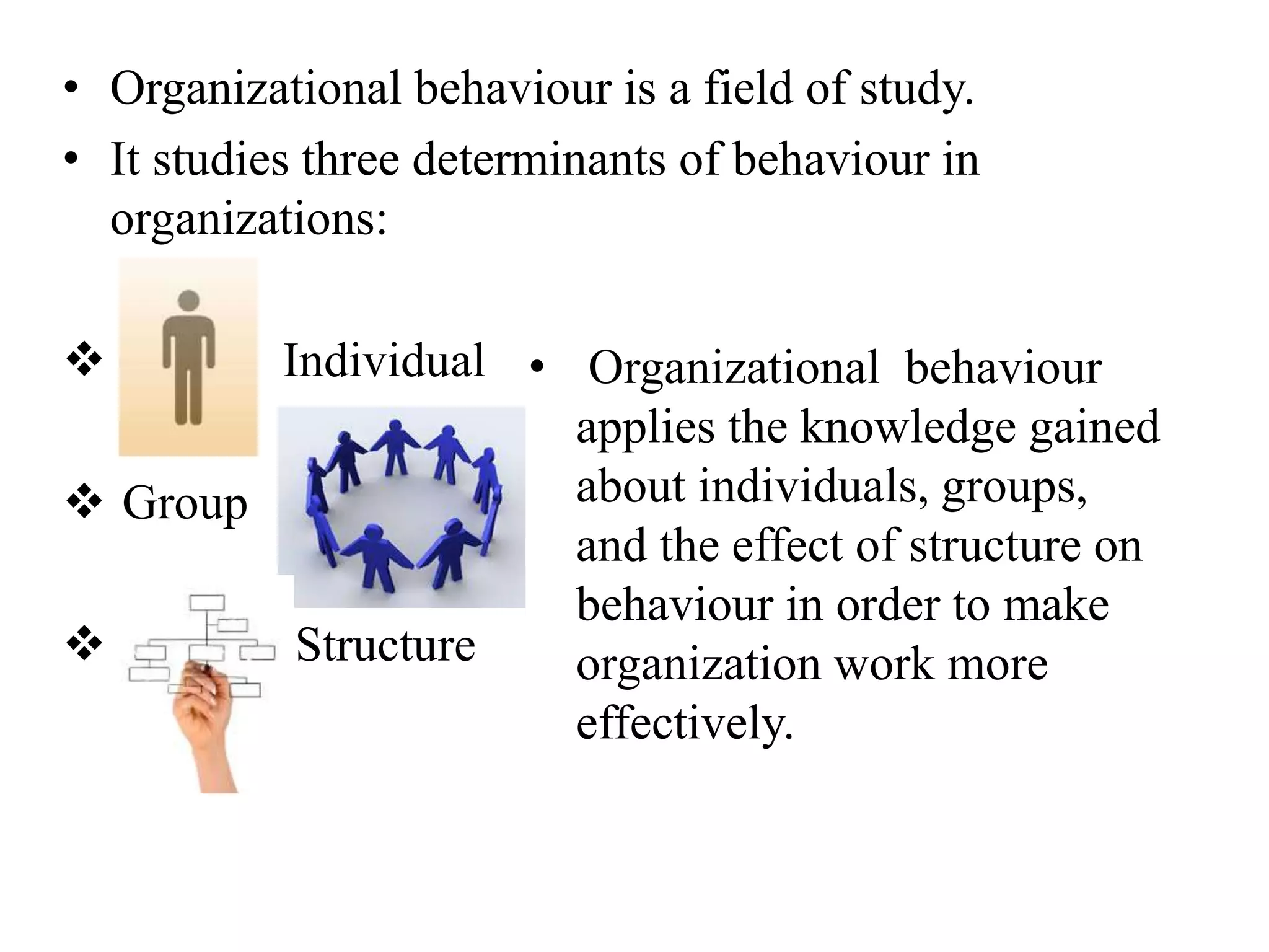 • Organizational behaviour is a field of study. 
• It studies three determinants of behaviour in 
organizations: 
 Individual 
 Group 
 Structure 
• Organizational behaviour 
applies the knowledge gained 
about individuals, groups, 
and the effect of structure on 
behaviour in order to make 
organization work more 
effectively. 
 