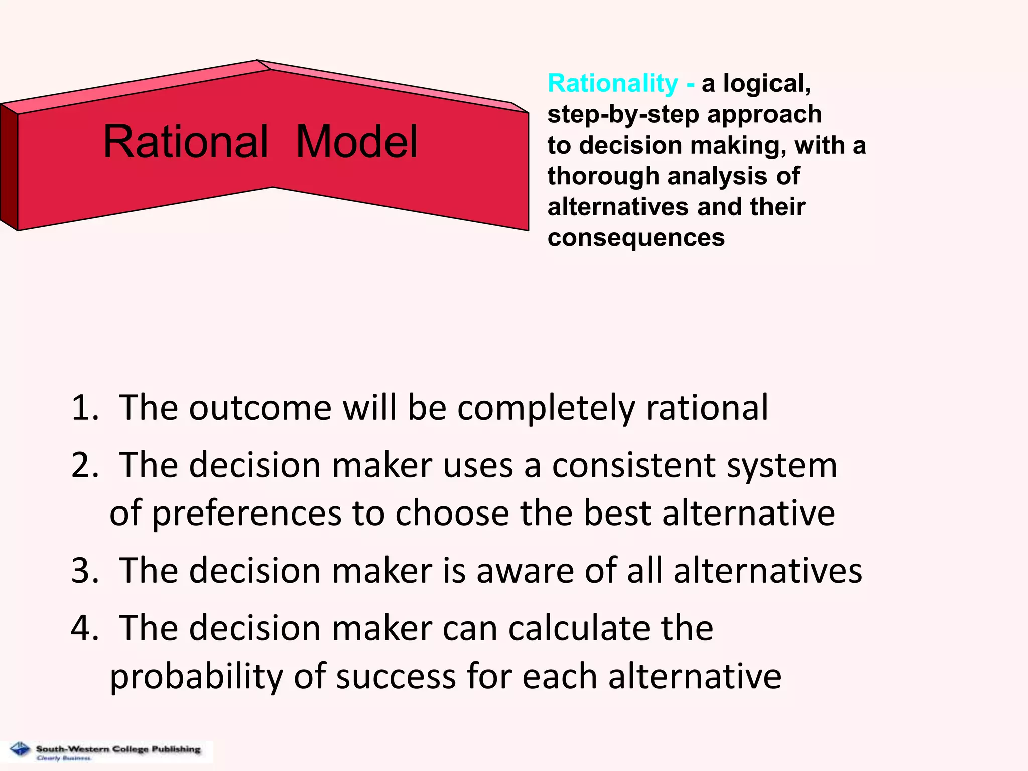 1. The outcome will be completely rational
2. The decision maker uses a consistent system
of preferences to choose the best alternative
3. The decision maker is aware of all alternatives
4. The decision maker can calculate the
probability of success for each alternative
Rational Model
Rationality - a logical,
step-by-step approach
to decision making, with a
thorough analysis of
alternatives and their
consequences
 