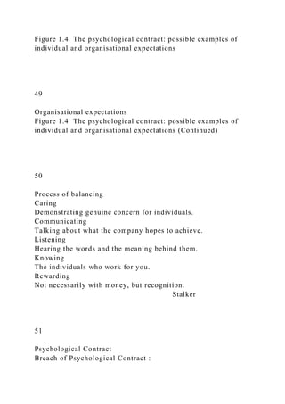 Figure 1.4 The psychological contract: possible examples of
individual and organisational expectations
49
Organisational expectations
Figure 1.4 The psychological contract: possible examples of
individual and organisational expectations (Continued)
50
Process of balancing
Caring
Demonstrating genuine concern for individuals.
Communicating
Talking about what the company hopes to achieve.
Listening
Hearing the words and the meaning behind them.
Knowing
The individuals who work for you.
Rewarding
Not necessarily with money, but recognition.
Stalker
51
Psychological Contract
Breach of Psychological Contract :
 