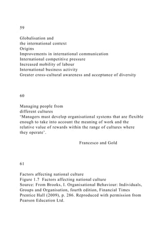 59
Globalisation and
the international context
Origins
Improvements in international communication
International competitive pressure
Increased mobility of labour
International business activity
Greater cross-cultural awareness and acceptance of diversity
60
Managing people from
different cultures
‘Managers must develop organisational systems that are flexible
enough to take into account the meaning of work and the
relative value of rewards within the range of cultures where
they operate’.
Francesco and Gold
61
Factors affecting national culture
Figure 1.7 Factors affecting national culture
Source: From Brooks, I. Organisational Behaviour: Individuals,
Groups and Organisation, fourth edition, Financial Times
Prentice Hall (2009), p. 286. Reproduced with permission from
Pearson Education Ltd.
 