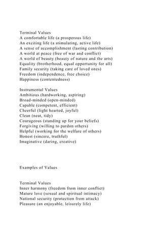 Terminal Values
A comfortable life (a prosperous life)
An exciting life (a stimulating, active life)
A sense of accomplishment (lasting contribution)
A world at peace (free of war and conflict)
A world of beauty (beauty of nature and the arts)
Equality (brotherhood, equal opportunity for all)
Family security (taking care of loved ones)
Freedom (independence, free choice)
Happiness (contentedness)
Instrumental Values
Ambitious (hardworking, aspiring)
Broad-minded (open-minded)
Capable (competent, efficient)
Cheerful (light hearted, joyful)
Clean (neat, tidy)
Courageous (standing up for your beliefs)
Forgiving (willing to pardon others)
Helpful (working for the welfare of others)
Honest (sincere, truthful)
Imaginative (daring, creative)
Examples of Values
Terminal Values
Inner harmony (freedom from inner conflict)
Mature love (sexual and spiritual intimacy)
National security (protection from attack)
Pleasure (an enjoyable, leisurely life)
 