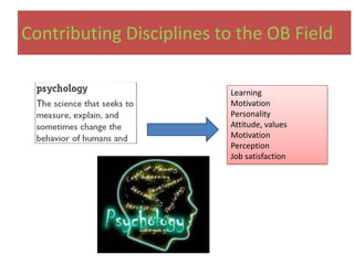 Contributing Disciplines to the OB Field

                          Learning
                          Motivation
                          Personality
                          Attitude, values
                          Motivation
                          Perception
                          Job satisfaction
 