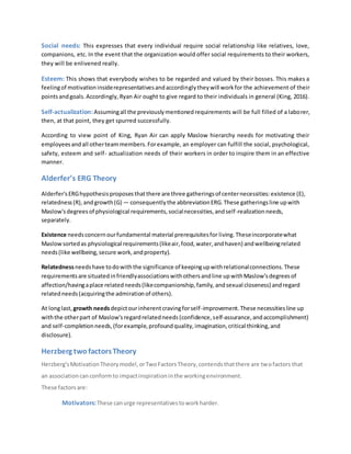 Social needs: This expresses that every individual require social relationship like relatives, love,
companions, etc. In the event that the organization would offer social requirements to their workers,
they will be enlivened really.
Esteem: This shows that everybody wishes to be regarded and valued by their bosses. This makes a
feelingof motivationinsiderepresentativesandaccordinglytheywill workfor the achievement of their
pointsandgoals.Accordingly,Ryan Air ought to give regard to their individuals in general (King, 2016).
Self-actualization:Assumingall the previouslymentionedrequirements will be full filled of a laborer,
then, at that point, they get spurred successfully.
According to view point of King, Ryan Air can apply Maslow hierarchy needs for motivating their
employeesandall otherteammembers.Forexample, an employer can fulfill the social, psychological,
safety, esteem and self- actualization needs of their workers in order to inspire them in an effective
manner.
Alderfer’s ERG Theory
Alderfer'sERGhypothesisproposesthatthere are three gatheringsof centernecessities:existence (E),
relatedness(R),andgrowth(G) — consequentlythe abbreviationERG.These gatheringsline upwith
Maslow'sdegreesof physiological requirements,socialnecessities,andself-realizationneeds,
separately.
Existence needsconcernourfundamental material prerequisitesfor living.Theseincorporatewhat
Maslowsortedas physiological requirements(likeair,food,water,andhaven) andwellbeingrelated
needs(like wellbeing,secure work,andproperty).
Relatednessneedshave todowiththe significance of keepingupwithrelationalconnections.These
requirementsare situatedinfriendlyassociationswithothersandline upwithMaslow'sdegreesof
affection/havingaplace relatedneeds(likecompanionship,family, andsexual closeness) andregard
relatedneeds(acquiringthe admirationof others).
At longlast, growth needsdepictourinherentcravingforself-improvement.These necessitiesline up
withthe otherpart of Maslow'sregardrelatedneeds(confidence,self-assurance,andaccomplishment)
and self-completionneeds,(forexample,profoundquality,imagination,critical thinking,and
disclosure).
Herzberg twofactorsTheory
Herzberg'sMotivationTheorymodel,orTwoFactorsTheory,contendsthatthere are twofactors that
an associationcanconformto impactinspirationinthe workingenvironment.
These factorsare:
Motivators:These canurge representativestoworkharder.
 