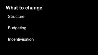 What to change
Structure
Budgeting
Incentivisation
 