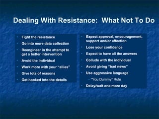 Fight the resistance Go into more data collection Reengineer in the attempt to get a better intervention Avoid the individual Work more with your “allies” Give lots of reasons Get hooked into the details Dealing With Resistance:  What Not To Do Expect approval, encouragement, support and/or affection Lose your confidence Expect to have all the answers Collude with the individual Avoid giving “bad news” Use aggressive language “ You Dummy” Rule Delay/wait one more day 