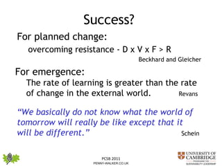 Success?  For planned change:  overcoming resistance - D x V x F > R Beckhard and Gleicher For emergence:   The rate of learning is greater than the rate of change in the external world.  Revans “ We basically do not know what the world of tomorrow will really be like except that it will be different.”   Schein 