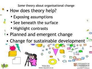 Some  theory about organisational change How does theory help?  Exposing assumptions See beneath the surface Highlight contrasts Planned and emergent change Change for sustainable development 