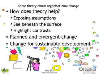 Some  theory about organisational change How does theory help?  Exposing assumptions See beneath the surface Highlight contrasts Planned and emergent change Change for sustainable development 