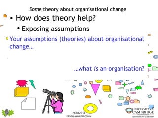Some  theory about organisational change How does theory help?  Exposing assumptions See beneath the surface Highlight contrasts Planned and emergent change Change for sustainable development Your assumptions (theories) about organisational change… … what  is  an organisation?  