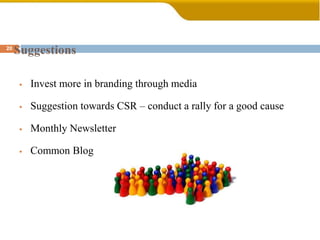 Suggestions
 Invest more in branding through media
 Suggestion towards CSR – conduct a rally for a good cause
 Monthly Newsletter
 Common Blog
20
 