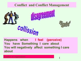 Conflict and Conflict Management

Happens when
I feel (perceive)
You have Something I care about
You will negatively affect something I care
about
Conflict in organisations…

1

 