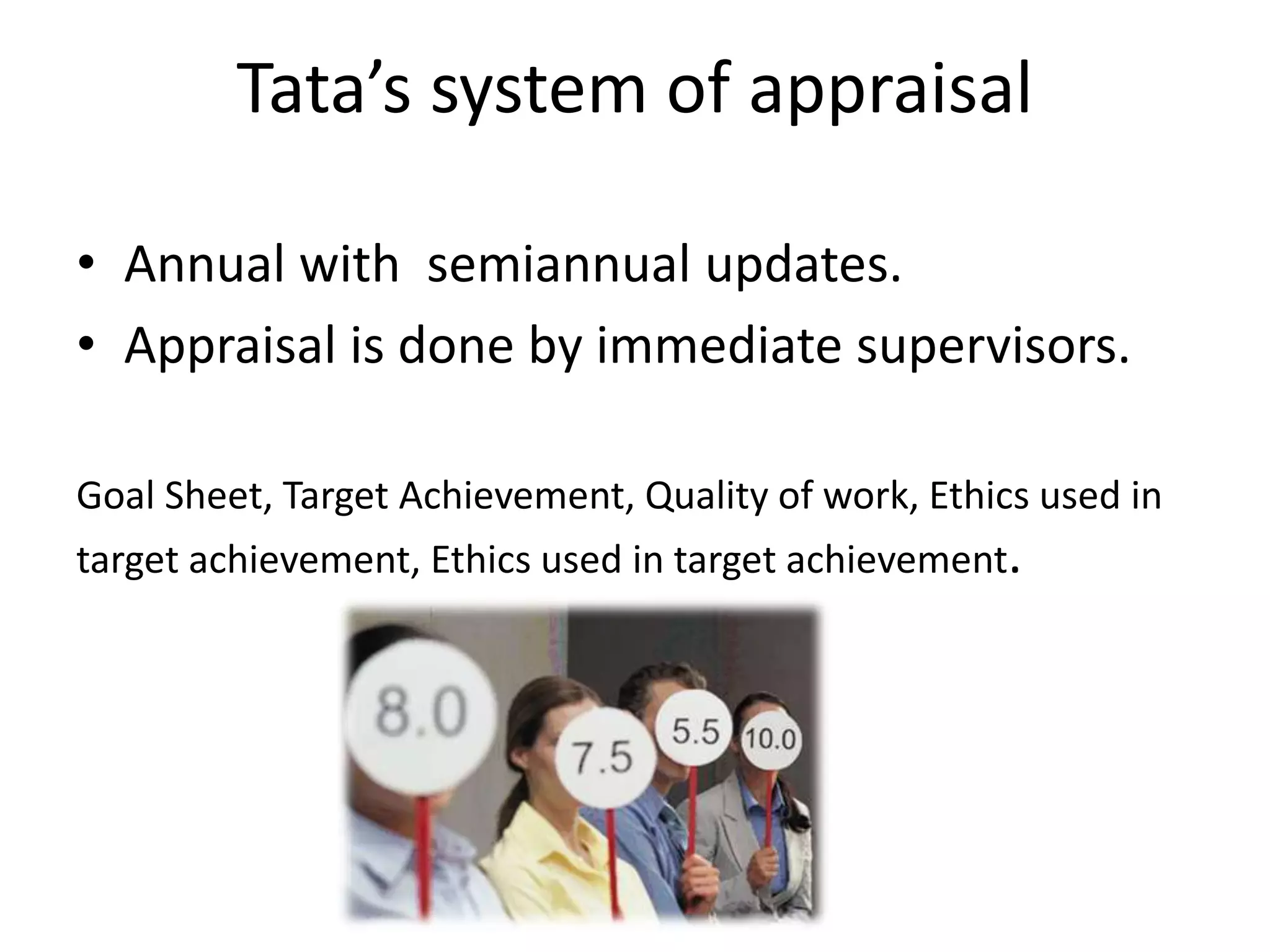 Tata’s system of appraisal
• Annual with semiannual updates.
• Appraisal is done by immediate supervisors.
Goal Sheet, Target Achievement, Quality of work, Ethics used in
target achievement, Ethics used in target achievement.
 