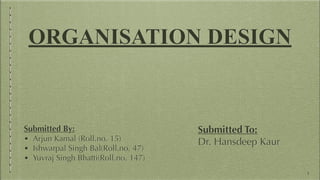 ORGANISATION DESIGN
1
Submitted By:
• Arjun Kamal (Roll.no. 15)
• Ishwarpal Singh Bal(Roll.no. 47)
• Yuvraj Singh Bhatti(Roll.no. 147)
Submitted To:
Dr. Hansdeep Kaur
 