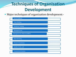 Techniques of Organisation
Development
 Major techniques of organization development:-
Survey feedback,
Team Building,
Sensitivity Training,
Managerial Grid,
Management by Objectives(MBO),
Brain Storming,
Process Consultation,
Quality Circles, and
Transactional Analysis.
 