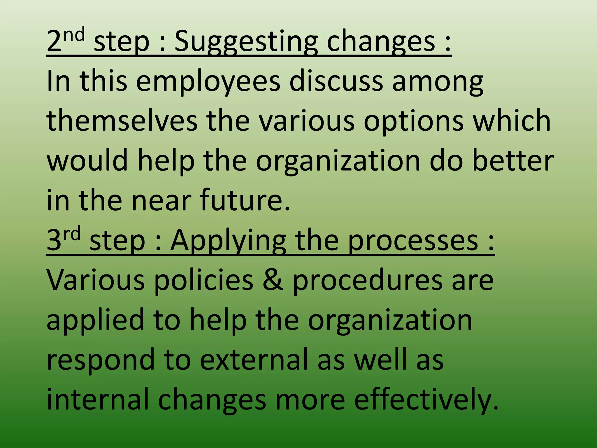 2nd step : Suggesting changes :
In this employees discuss among
themselves the various options which
would help the organization do better
in the near future.
3rd step : Applying the processes :
Various policies & procedures are
applied to help the organization
respond to external as well as
internal changes more effectively.

 