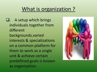 What is organization ?
. A setup which brings
individuals together from
different
backgrounds,varied
interests & specializations
on a common platform for
them to work as a single
unit & achieve certain
predefined goals is known
as organization.

 