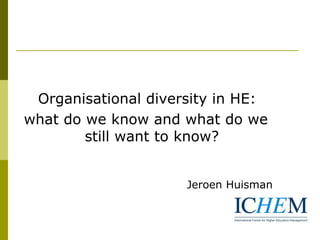 Organisational diversity in HE:
what do we know and what do we
        still want to know?


                     Jeroen Huisman
 