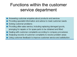 Functions within the customer service department 