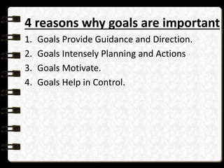 4 reasons why goals are important
1. Goals Provide Guidance and Direction.
2. Goals Intensely Planning and Actions
3. Goals Motivate.
4. Goals Help in Control.
 