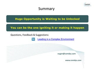 Summary
Huge Opportunity is Waiting to be Unlocked
You can be the one igniting it or making it happen

Questions, Feedback & Suggestions:
Leading in a Complex Environment

eugen@comdys.com
www.comdys.com

 