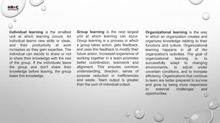 Individual learning is the smallest
unit at which learning occurs. An
individual learns new skills or ideas,
and their productivity at work
increases as they gain expertise. The
individual can decide to share or not
to share their knowledge with the rest
of the group. If the individuals leave
the group and don't share their
knowledge before leaving, the group
loses this knowledge.
Group learning is the next largest
unit at which learning can occur.
Group learning is a process in which
a group takes action, gets feedback,
and uses this feedback to modify their
future action. Increased experience of
working together in a team promotes
better coordination, teamwork and
alignment. This ensures common
understanding, direction, sense of
purpose reduction in inefficiencies
and waste. Team output is greater
than the sum of individual output.
Organizational learning is the way
in which an organization creates and
organizes knowledge relating to their
functions and culture. Organizational
learning happens in all of the
organization's activities. The goal of
organizational learning is to
successfully adapt to changing
environments, to adjust under
uncertain conditions, and to increase
efficiency. Organizations that continue
to learn are better prepared to survive
and grow by being more responsive
to external challenges and
opportunities.
 