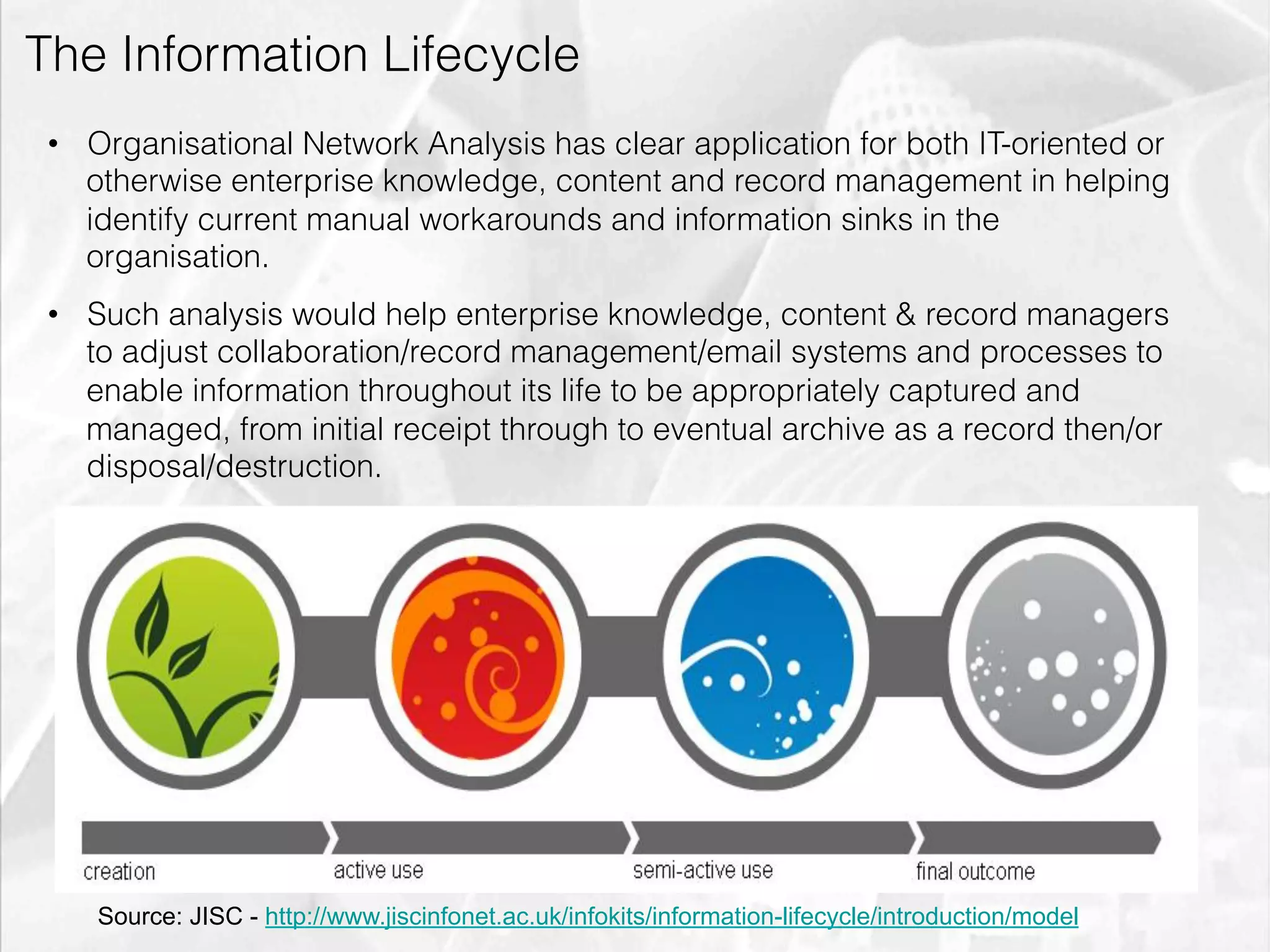The Information Lifecycle
     •  Organisational Network Analysis has clear application for both IT-oriented or
        otherwise enterprise knowledge, content and record management in helping
        identify current manual workarounds and information sinks in the
        organisation.
     •  Such analysis would help enterprise knowledge, content & record managers
        to adjust collaboration/record management/email systems and processes to
        enable information throughout its life to be appropriately captured and
        managed, from initial receipt through to eventual archive as a record then/or
        disposal/destruction.




            Source: JISC - http://www.jiscinfonet.ac.uk/infokits/information-lifecycle/introduction/model
emilicon.com!
 