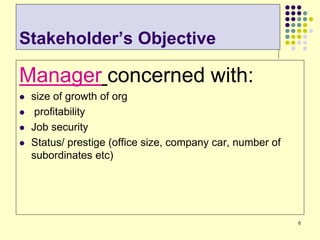6
Stakeholder’s Objective
Manager concerned with:
 size of growth of org
 profitability
 Job security
 Status/ prestige (office size, company car, number of
subordinates etc)
 