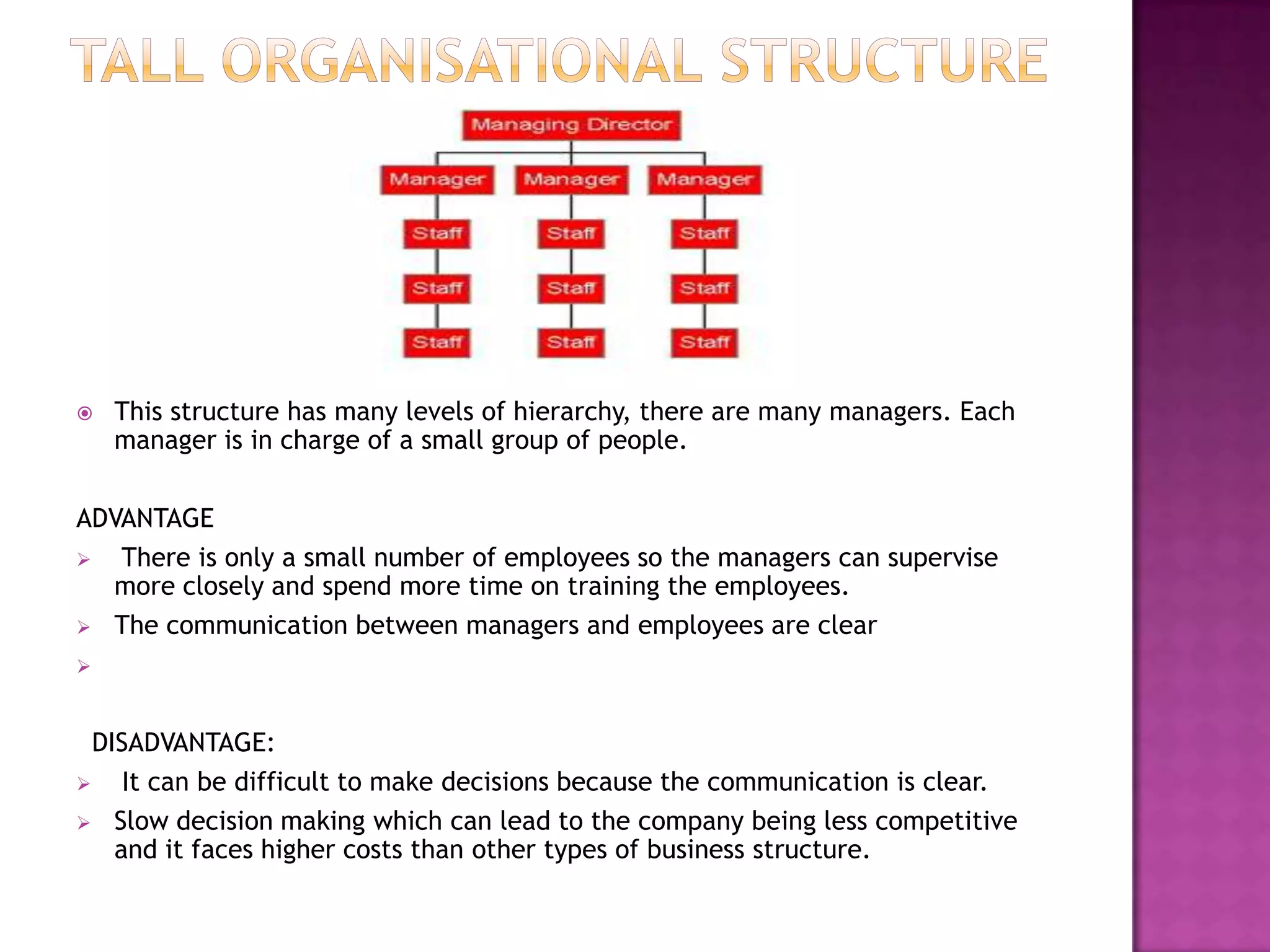    This structure has many levels of hierarchy, there are many managers. Each
    manager is in charge of a small group of people.

ADVANTAGE
  There is only a small number of employees so the managers can supervise
  more closely and spend more time on training the employees.
 The communication between managers and employees are clear





  DISADVANTAGE:
    It can be difficult to make decisions because the communication is clear.
 Slow decision making which can lead to the company being less competitive
    and it faces higher costs than other types of business structure.
 