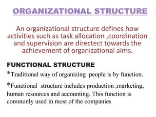 An organizational structure defines how
activities such as task allocation ,coordination
and supervision are directect towards the
achievement of organizational aims.
FUNCTIONAL STRUCTURE
*Traditional way of organizing people is by function.
*Functional structure includes production ,marketing,
human resources and accounting. This function is
commonly used in most of the companies
 