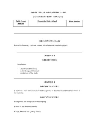 LIST OF TABLES AND GRAPHS/CHARTS

                          (Separate list for Tables and Graphs)

  Table/Graph                    Title of the Table / Graph                Page Number
    Number




                                  EXECUTIVE SUMMARY

Executive Summary – should contain a brief explanation of the project.




                                         CHAPTER -1

                                      INTRODUCTION

   Introduction

   -   Objectives of the study
   -   Methodology of the study
   -   Limitations of the study



                                         CHAPTER -2

                                    INDUSTRY PROFILE

It includes a brief introduction of the background of the Industry and the latest trends in
the Industry.

                                    COMPANY PROFILE

Background and inception of the company

Nature of the business carried

Vision, Mission and Quality Policy
 