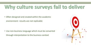 Why culture surveys fail to deliver
• Often designed and created within the academic
environment –results are not replicable
• Use non-business language which must be converted
through interpretation to the business context
 