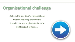 Organisational challenge
To be in the ‘one third’ of organisations
that see positive gains from the
introduction and implementation of a
360 feedback system……
 