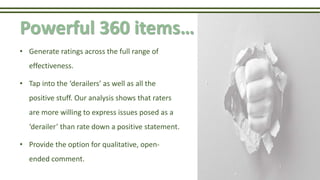 Powerful 360 items…
• Generate ratings across the full range of
effectiveness.
• Tap into the ‘derailers’ as well as all the
positive stuff. Our analysis shows that raters
are more willing to express issues posed as a
‘derailer’ than rate down a positive statement.
• Provide the option for qualitative, open-
ended comment.
 