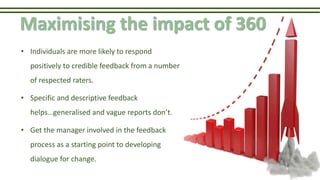 Maximising the impact of 360
• Individuals are more likely to respond
positively to credible feedback from a number
of respected raters.
• Specific and descriptive feedback
helps…generalised and vague reports don’t.
• Get the manager involved in the feedback
process as a starting point to developing
dialogue for change.
 