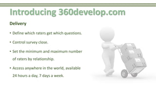 Introducing 360develop.com
Delivery
• Define which raters get which questions.
• Control survey close.
• Set the minimum and maximum number
of raters by relationship.
• Access anywhere in the world, available
24 hours a day, 7 days a week.
 