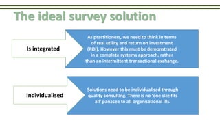 As practitioners, we need to think in terms
of real utility and return on investment
(ROI). However this must be demonstrated
in a complete systems approach, rather
than an intermittent transactional exchange.
The ideal survey solution
Is integrated
Solutions need to be individualised through
quality consulting. There is no ‘one size fits
all’ panacea to all organisational ills.
Individualised
 