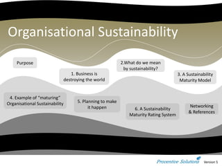 Organisational Sustainability
     Purpose                                                2.What do we mean
                                                             by sustainability?
                                   1. Business is                                        3. A Sustainability
                                destroying the world                                      Maturity Model


 4. Example of “maturing”
Organisational Sustainability         5. Planning to make
                                            it happen                                         Networking
                                                                  6. A Sustainability
                                                                                              & References
                                                                Maturity Rating System




                                                                                                       Version 5
 