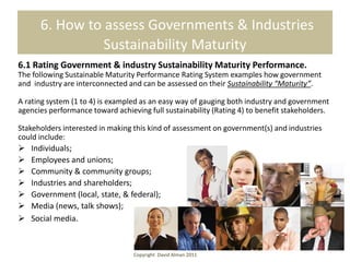 6. How to assess Governments & Industries
                Sustainability Maturity
6.1 Rating Government & industry Sustainability Maturity Performance.
The following Sustainable Maturity Performance Rating System examples how government
and industry are interconnected and can be assessed on their Sustainability “Maturity”.

A rating system (1 to 4) is exampled as an easy way of gauging both industry and government
agencies performance toward achieving full sustainability (Rating 4) to benefit stakeholders.

Stakeholders interested in making this kind of assessment on government(s) and industries
could include:
   Individuals;
   Employees and unions;
   Community & community groups;
   Industries and shareholders;
   Government (local, state, & federal);
   Media (news, talk shows);
   Social media.



                                  Copyright David Alman 2011
 