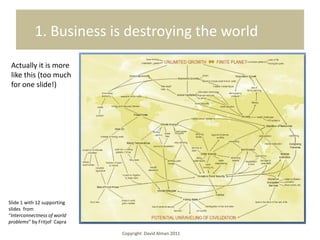 1. Business is destroying the world
 Actually it is more
 like this (too much
 for one slide!)




Slide 1 with 12 supporting
slides from
“Interconnectness of world
problems” by Fritjof Capra

                             Copyright David Alman 2011
 