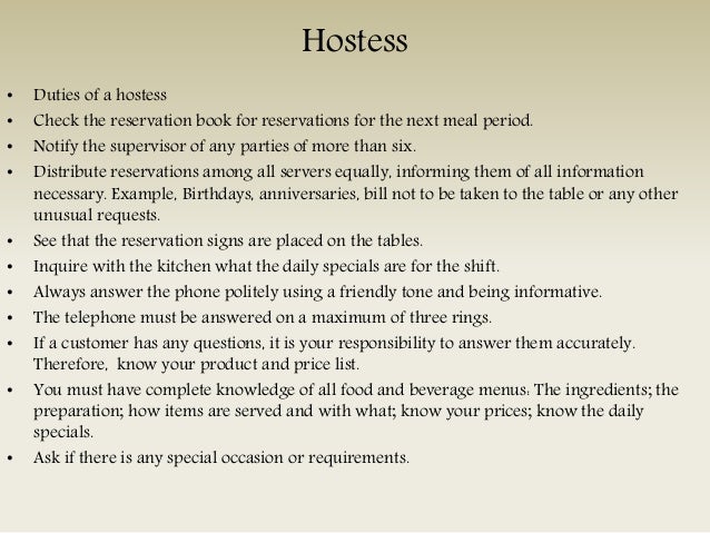 food and beverage hostess job description