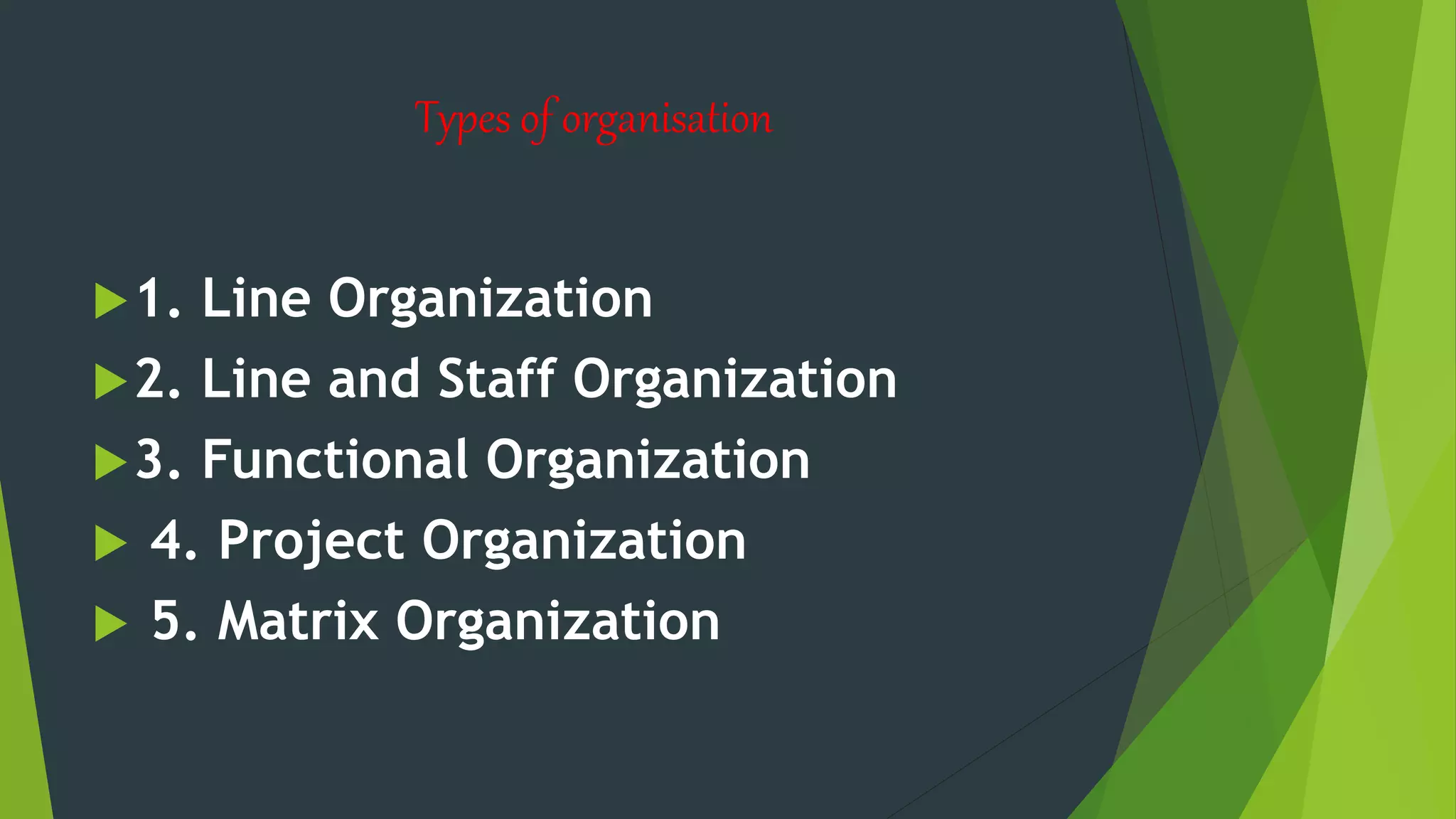 Types of organisation
1. Line Organization
2. Line and Staff Organization
3. Functional Organization
 4. Project Organization
 5. Matrix Organization
 