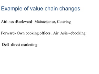 Example of value chain changes
Airlines :Backward- Maintenance, Catering
Forward- Own booking offices , Air Asia –ebooking
Dell- direct marketing
 