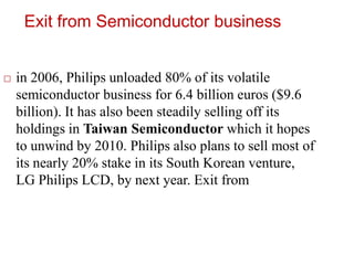 in 2006, Philips unloaded 80% of its volatile
semiconductor business for 6.4 billion euros ($9.6
billion). It has also been steadily selling off its
holdings in Taiwan Semiconductor which it hopes
to unwind by 2010. Philips also plans to sell most of
its nearly 20% stake in its South Korean venture,
LG Philips LCD, by next year. Exit from
Exit from Semiconductor business
 