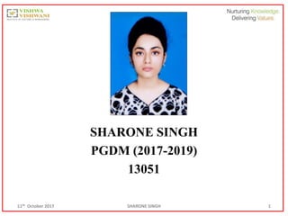 11th October 2017 SHARONE SINGH 1
SHARONE SINGH
PGDM (2017-2019)
13051
 