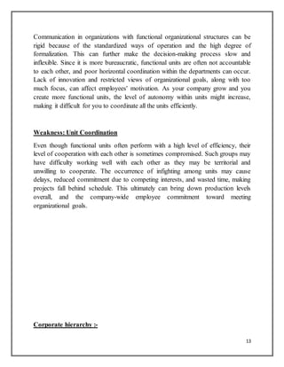 13
Communication in organizations with functional organizational structures can be
rigid because of the standardized ways of operation and the high degree of
formalization. This can further make the decision-making process slow and
inflexible. Since it is more bureaucratic, functional units are often not accountable
to each other, and poor horizontal coordination within the departments can occur.
Lack of innovation and restricted views of organizational goals, along with too
much focus, can affect employees' motivation. As your company grow and you
create more functional units, the level of autonomy within units might increase,
making it difficult for you to coordinate all the units efficiently.
Weakness: Unit Coordination
Even though functional units often perform with a high level of efficiency, their
level of cooperation with each other is sometimes compromised. Such groups may
have difficulty working well with each other as they may be territorial and
unwilling to cooperate. The occurrence of infighting among units may cause
delays, reduced commitment due to competing interests, and wasted time, making
projects fall behind schedule. This ultimately can bring down production levels
overall, and the company-wide employee commitment toward meeting
organizational goals.
Corporate hierarchy :-
 